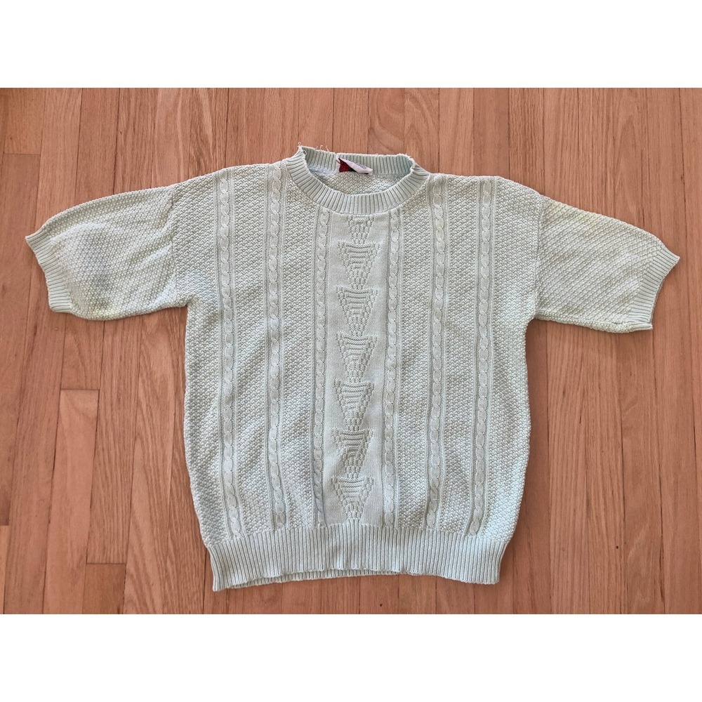 VTG Teasers Womens M Light Baby Blue Short Sleeve Cable Knit Sweater Cottagecore
